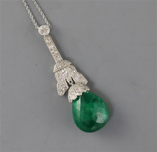 An Art Deco emerald and diamond pendant on chain in a S.J. Phillips Ltd box 4cm